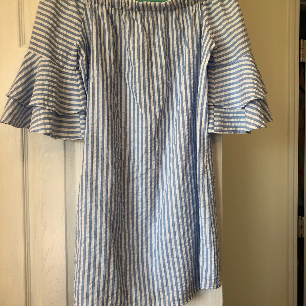 Off-the-Shoulder Blue Seersucker Dress